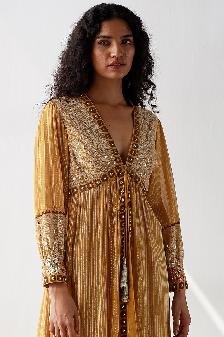 Ochre Block Printed Kurta Set by Surbhi Gupta at Pernia's Pop Up Shop