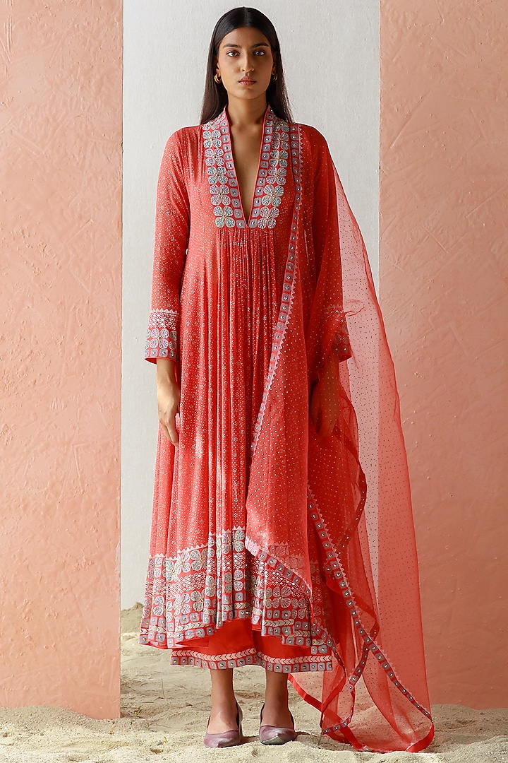 Rust Embroidered Anarkali Set by Surbhi Gupta at Pernia's Pop Up Shop