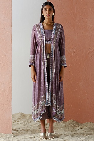 Mauve Embroidered Cape Set by Surbhi Gupta