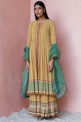 Ochre Block Print Sharara Set by Surbhi Gupta
