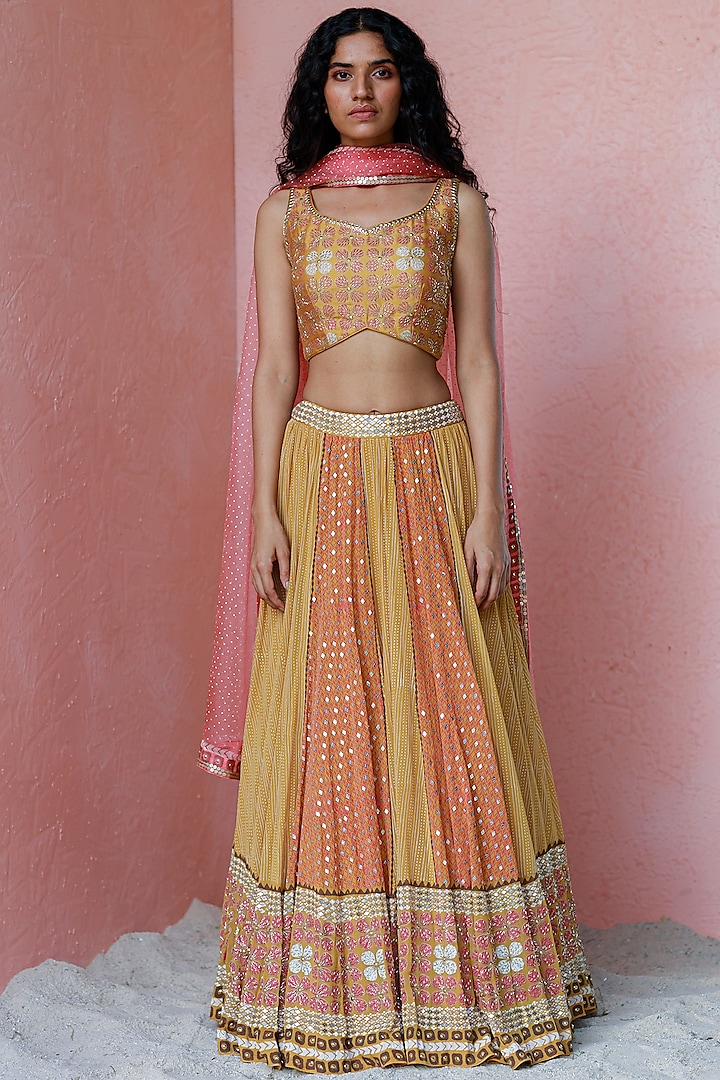 Ochre Embroidered Wedding Lehenga Set by Surbhi Gupta at Pernia's Pop Up Shop