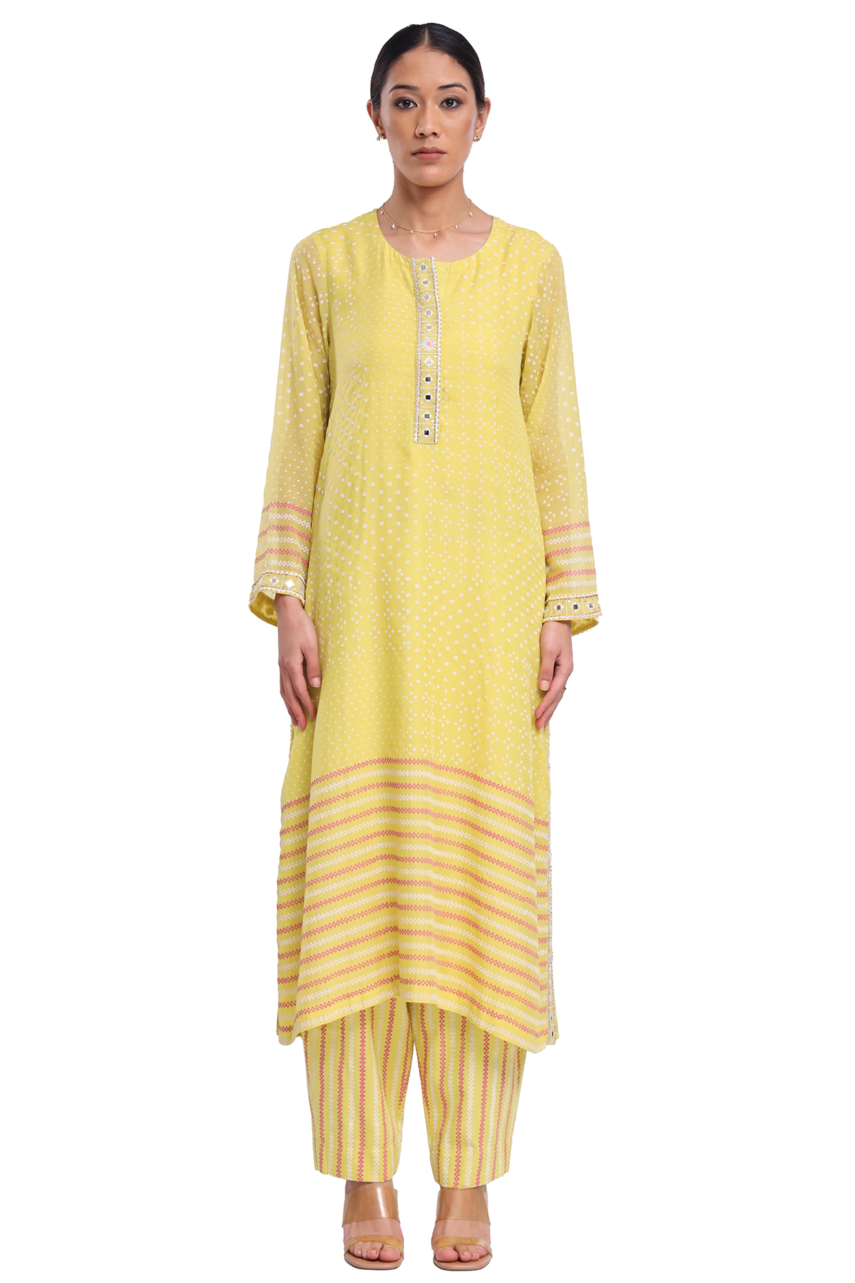 Lime Green Bemberg Organza Hand Block Printed A-Line Kurta Set by Surbhi Gupta at Pernia's Pop Up Shop