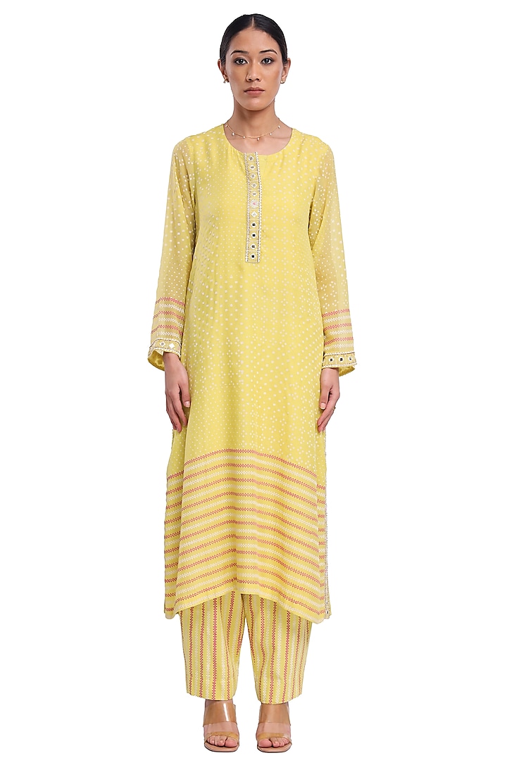 Lime Green Bemberg Organza Hand Block Printed A-Line Kurta Set by Surbhi Gupta at Pernia's Pop Up Shop
