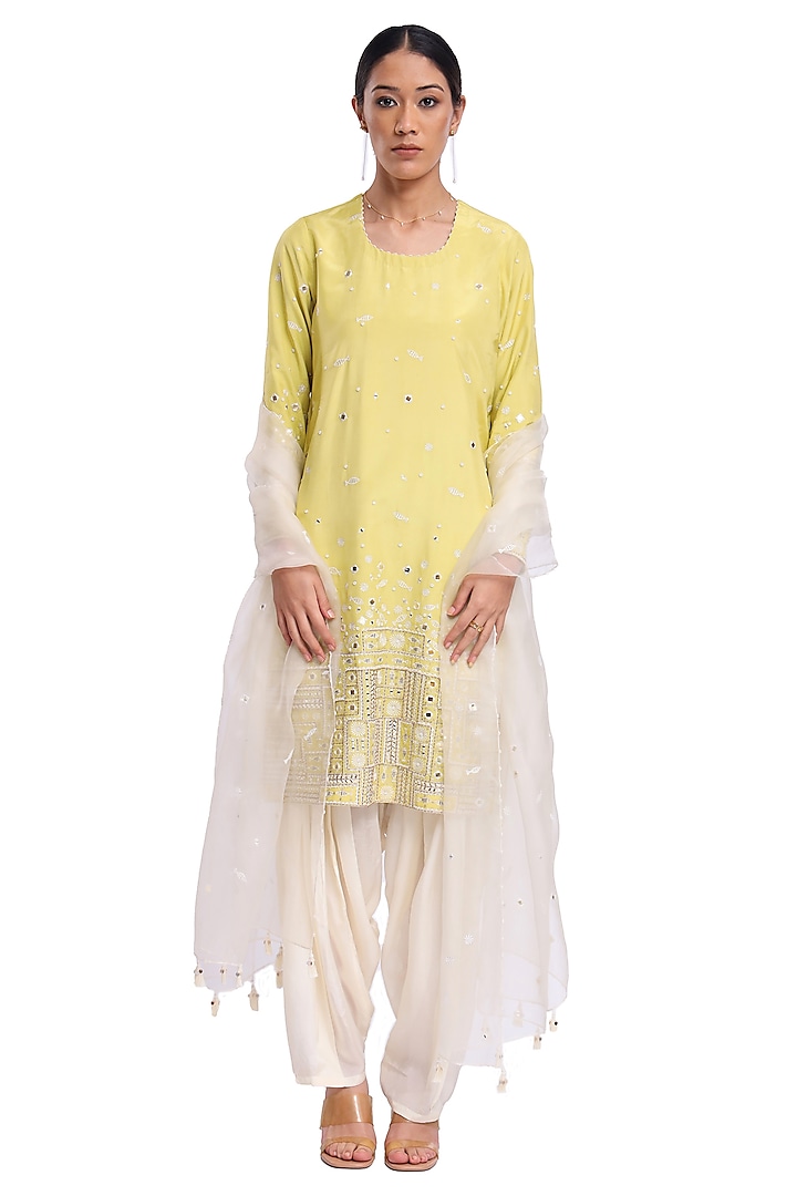 Lime Green Habutai Silk Resham & Mirror Embroidered Kurta Set by Surbhi Gupta at Pernia's Pop Up Shop