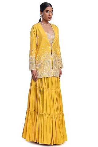 Yellow Habutai SIlk Crinkled Tiered Skirt Set by Surbhi Gupta