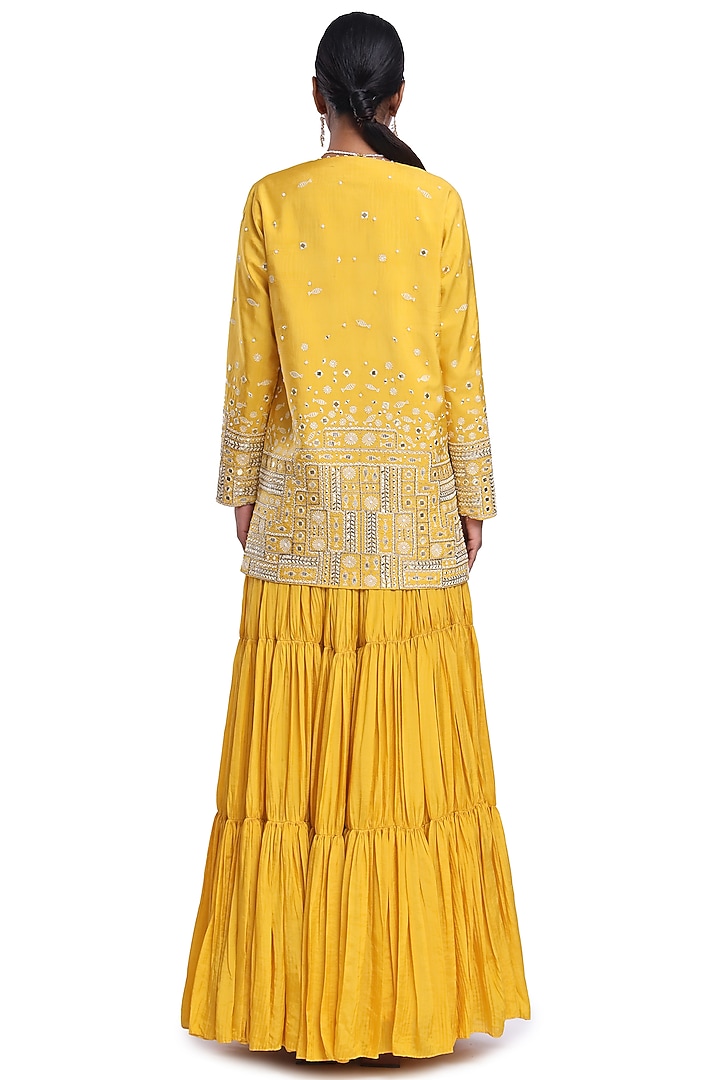 Yellow Habutai SIlk Crinkled Tiered Skirt Set by Surbhi Gupta at Pernia's Pop Up Shop