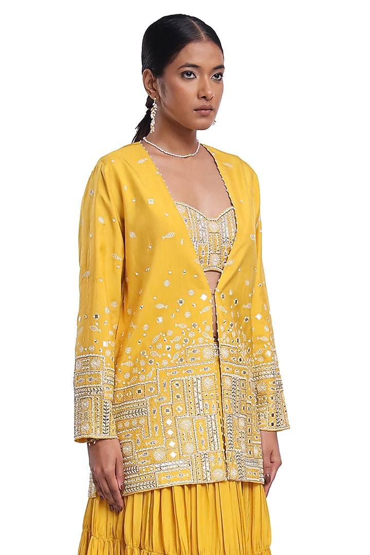 Yellow Habutai SIlk Crinkled Tiered Skirt Set by Surbhi Gupta at Pernia's Pop Up Shop