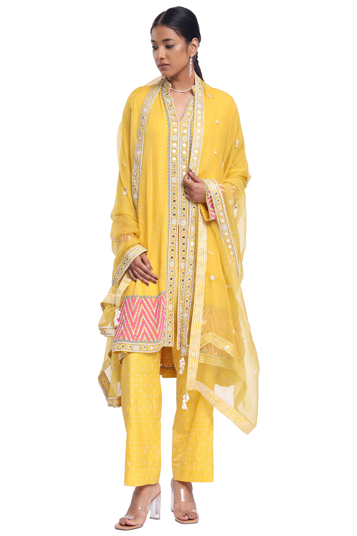Yellow Georgette Printed & Embroidered Kurta Set by Surbhi Gupta at Pernia's Pop Up Shop