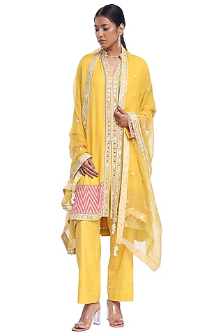 Yellow Georgette Printed & Embroidered Kurta Set by Surbhi Gupta
