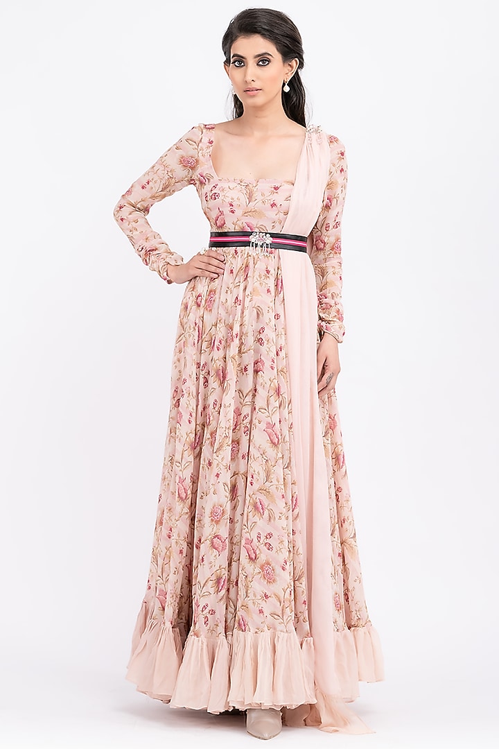 Blush Pink Floral Printed Anarkali Set by Surabhi Gandhi at Pernia's Pop Up Shop