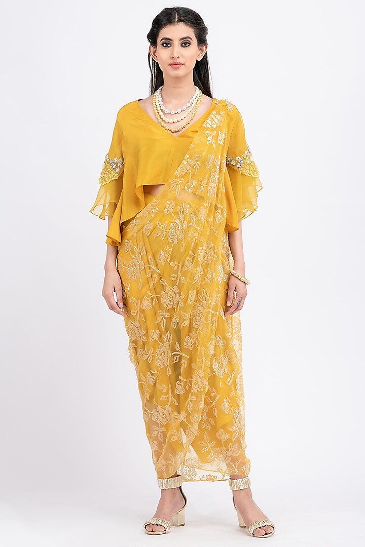 Mustard Silk Pant Set With Embellished Drape by Surabhi Gandhi