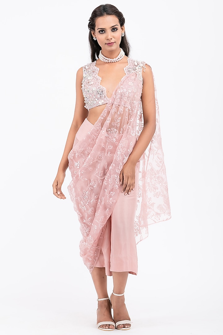 Pink Silk Pant Set With Embellished Drape by Surabhi Gandhi at Pernia's Pop Up Shop