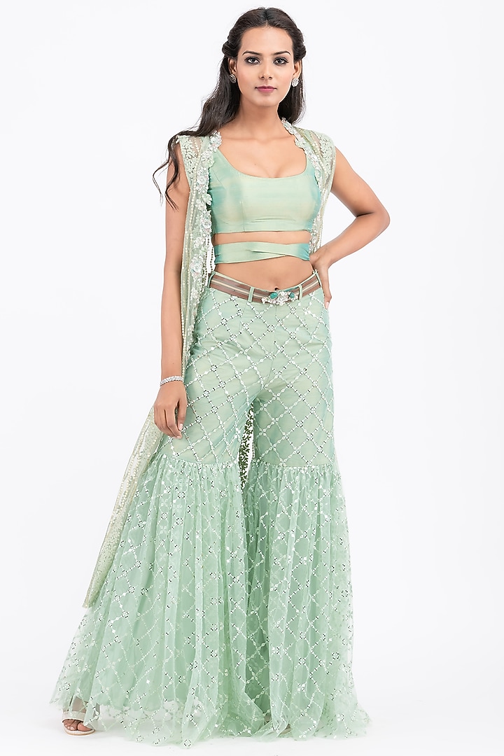 Pista Green Tulle Embellished Pant Set by Surabhi Gandhi at Pernia's Pop Up Shop