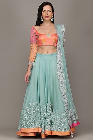 Blue Embroidered Asymmetrical Lehenga Set by Surabhi Gandhi