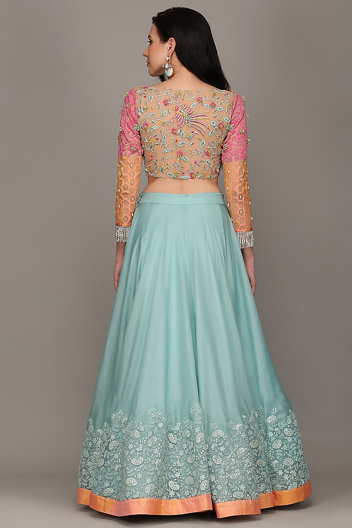 Blue Embroidered Asymmetrical Wedding Lehenga Set by Surabhi Gandhi at Pernia's Pop Up Shop