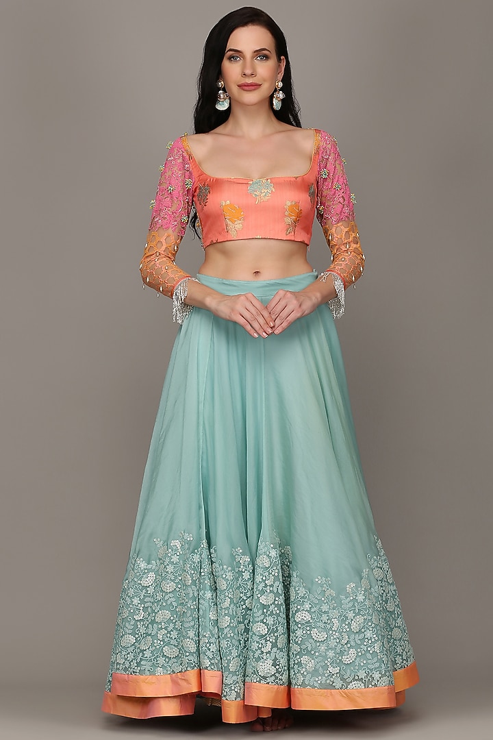 Blue Embroidered Asymmetrical Wedding Lehenga Set by Surabhi Gandhi at Pernia's Pop Up Shop