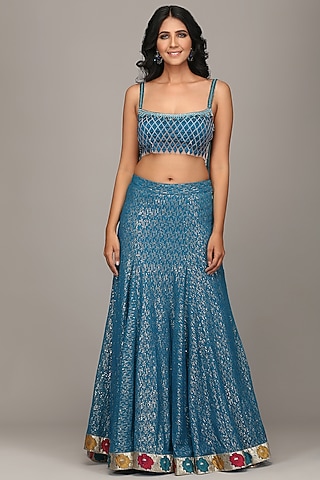 Teal Embroidered Lehenga Set by Surabhi Gandhi