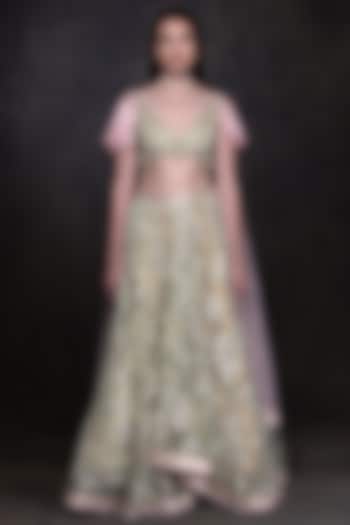 Pista Green & Pink Embroidered Wedding Lehenga Set by Surabhi Gandhi at Pernia's Pop Up Shop