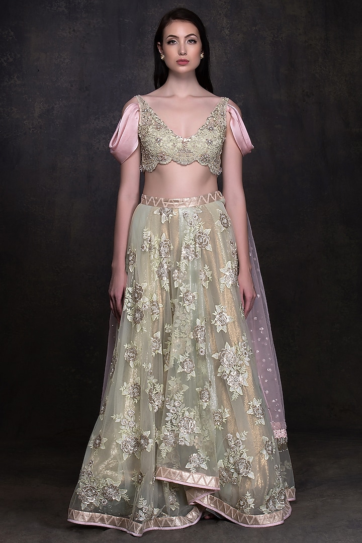 Pista Green & Pink Embroidered Wedding Lehenga Set by Surabhi Gandhi at Pernia's Pop Up Shop