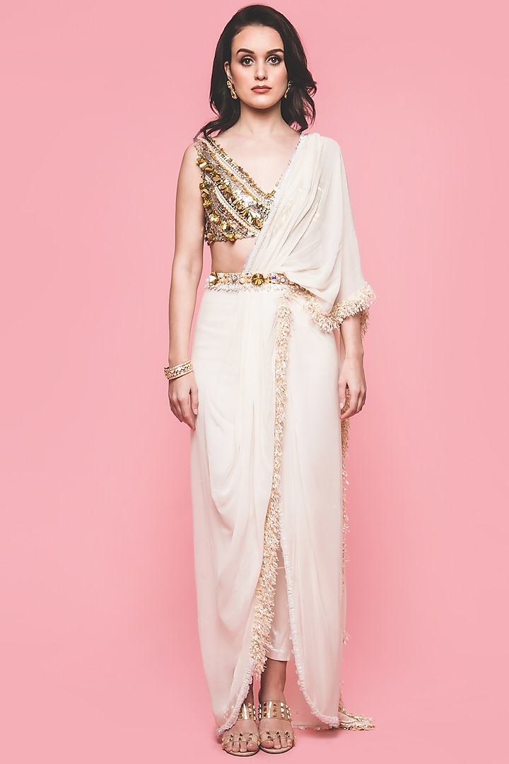 White & Gold Georgette Sequins Embroidered Draped Pant Saree Set by Surabhi Gandhi