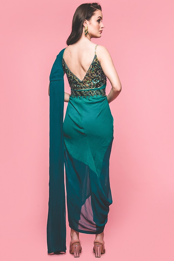 Green Georgette Pre-Draped Pant Party Wear Saree Set 
 by Surabhi Gandhi at Pernia's Pop Up Shop