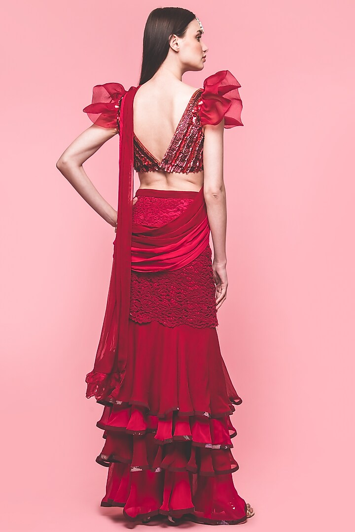 Red Wedding Saree Set With Embroidered Blouse by Surabhi Gandhi at Pernia's Pop Up Shop
