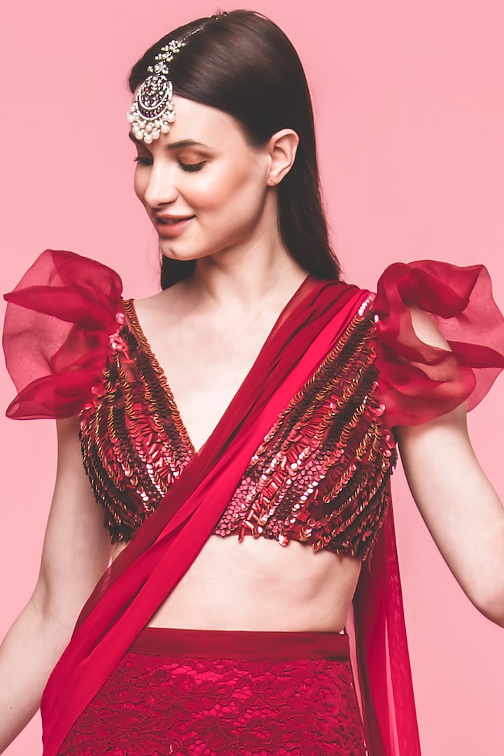 Red Wedding Saree Set With Embroidered Blouse by Surabhi Gandhi at Pernia's Pop Up Shop