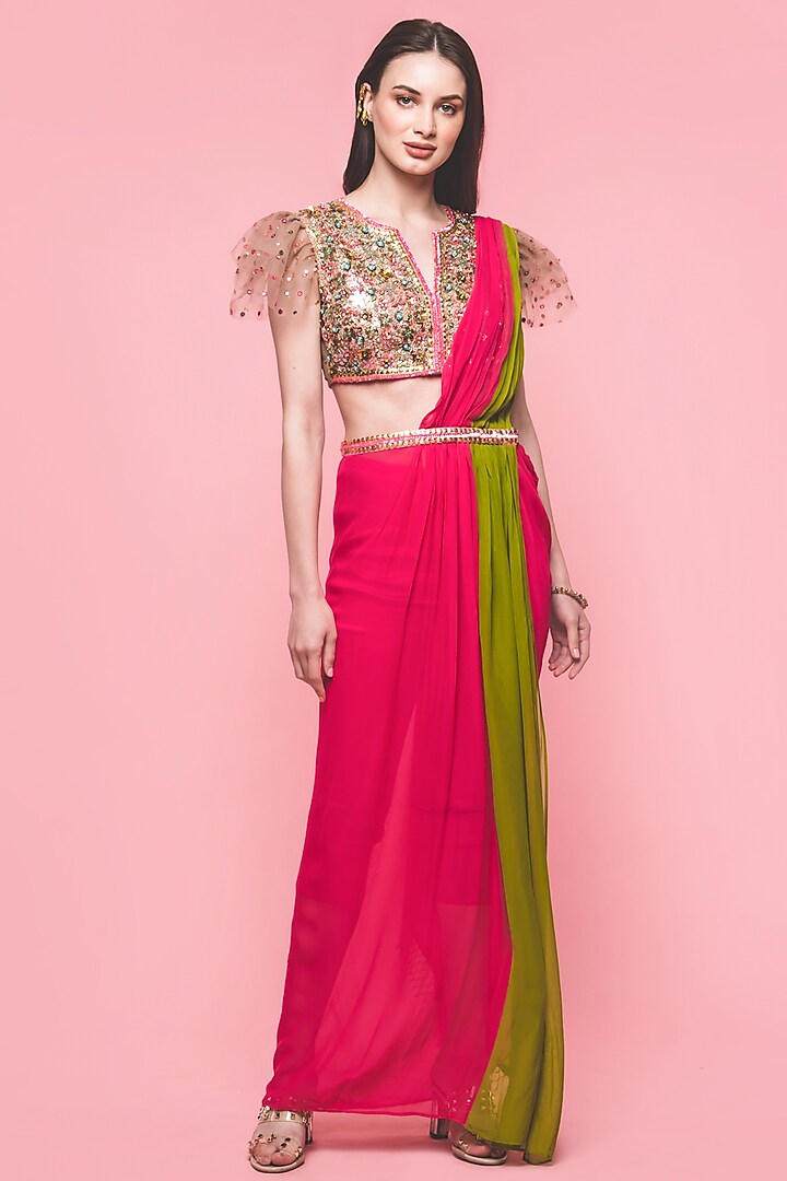 Pink Georgette & Net Pant Saree Set by Surabhi Gandhi