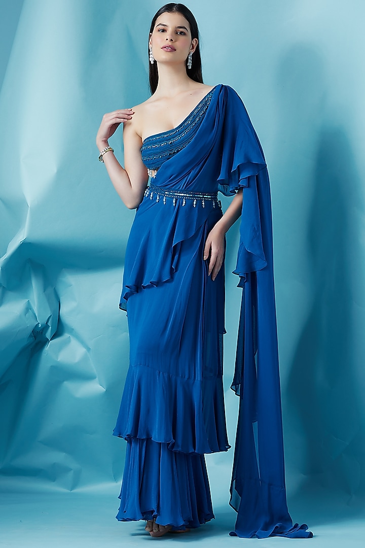 Teal Ruffled Pre-Draped Saree Set by Surabhi Gandhi at Pernia's Pop Up Shop