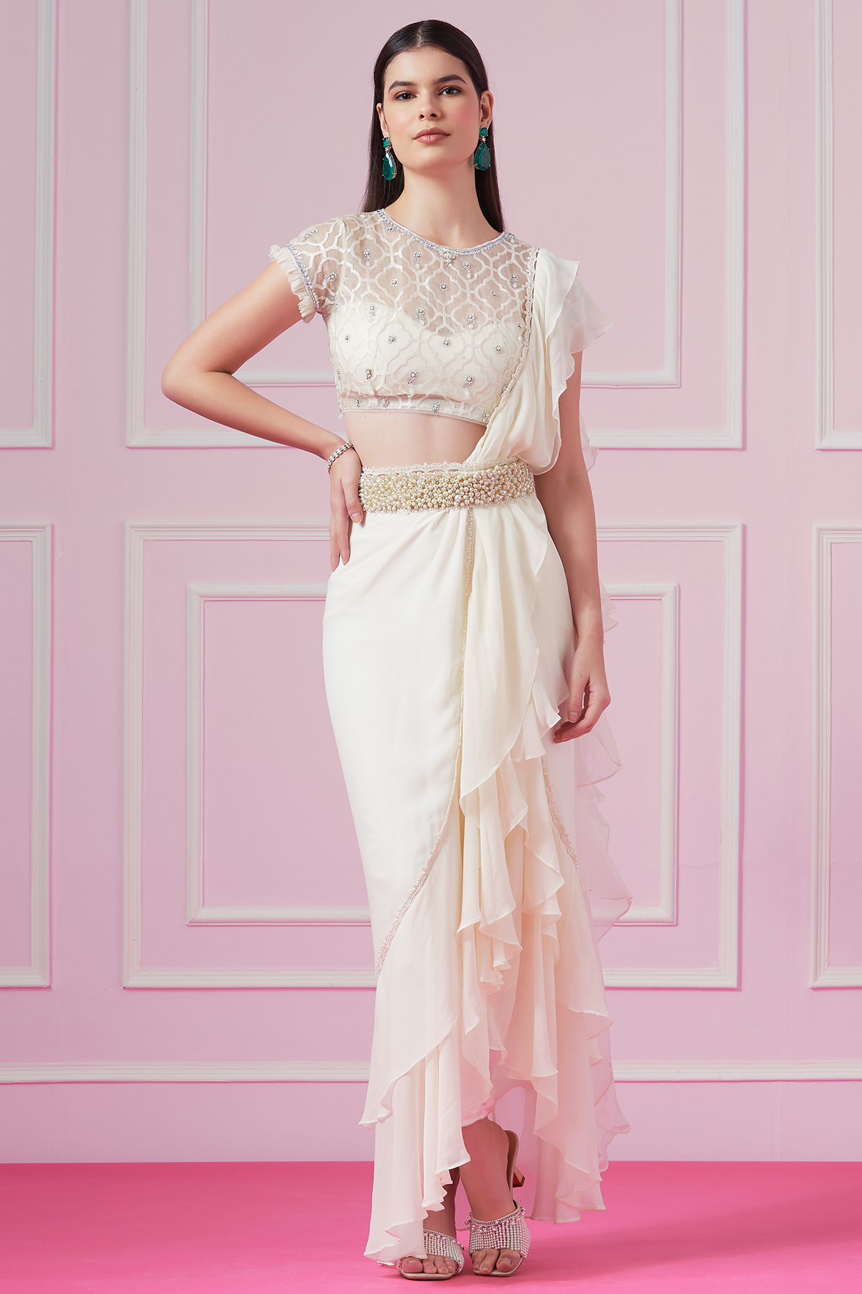 Ivory Georgette Ruffled Pant Wedding Saree Set by Surabhi Gandhi at Pernia's Pop Up Shop