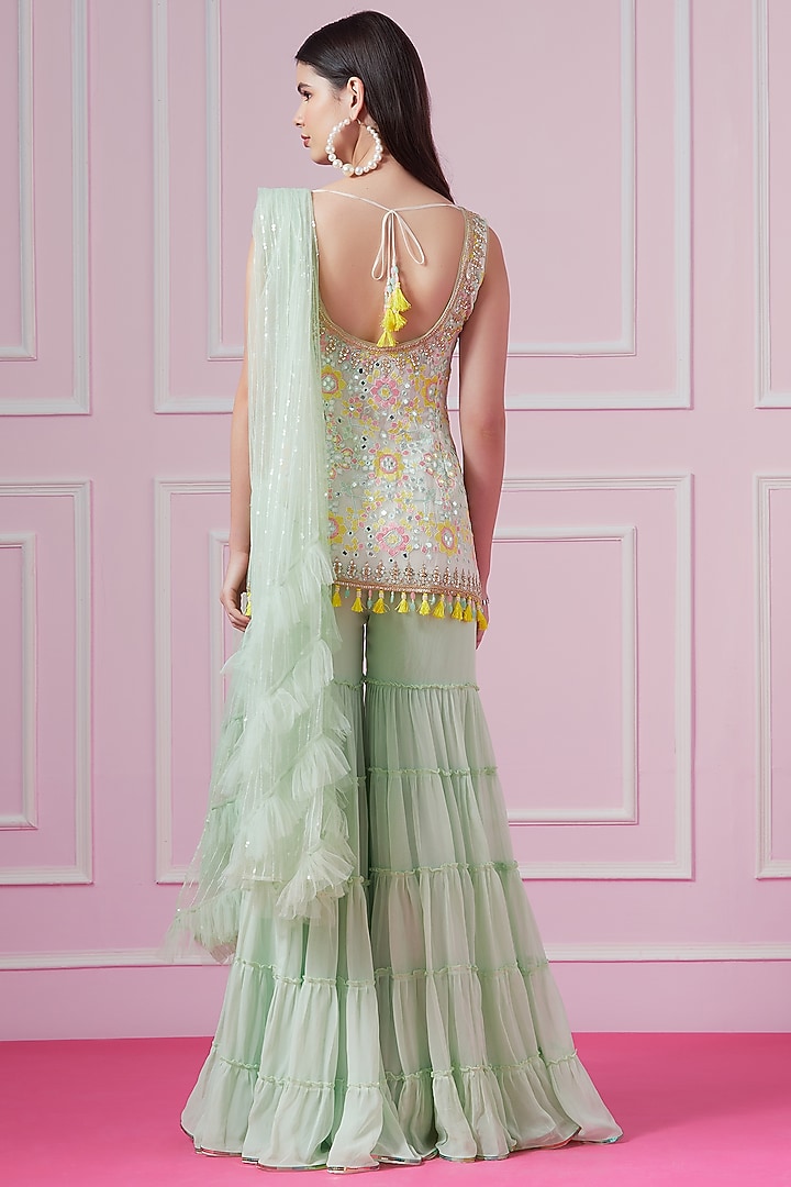Mint Green Georgette Tiered Gharara Set by Surabhi Gandhi at Pernia's Pop Up Shop