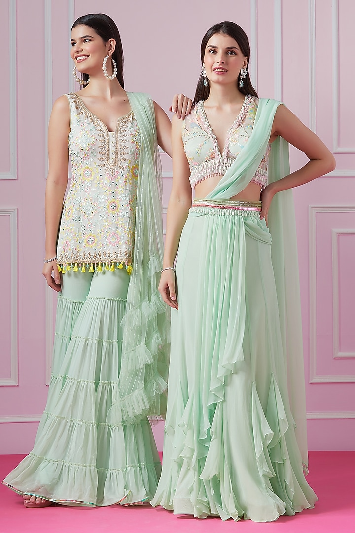 Mint Green Georgette Tiered Gharara Set by Surabhi Gandhi at Pernia's Pop Up Shop