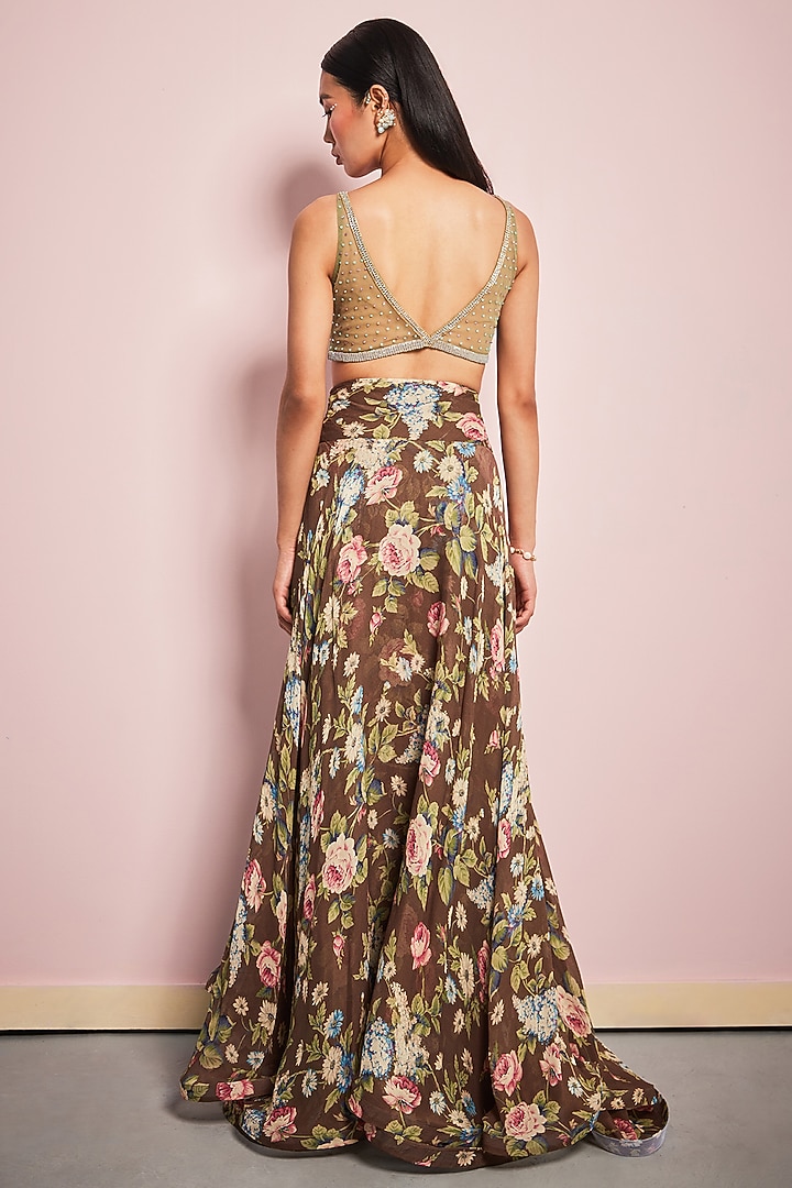 Brown Georgette Printed Skirt Set by Surabhi Gandhi at Pernia's Pop Up Shop