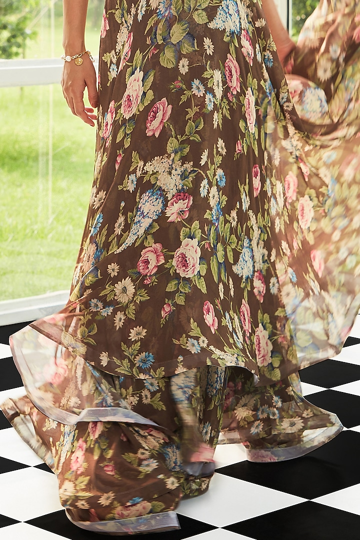 Brown Georgette Printed Skirt Set by Surabhi Gandhi at Pernia's Pop Up Shop