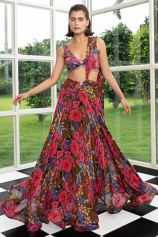 Multi-Colored Georgette Printed Draped Skirt Set by Surabhi Gandhi