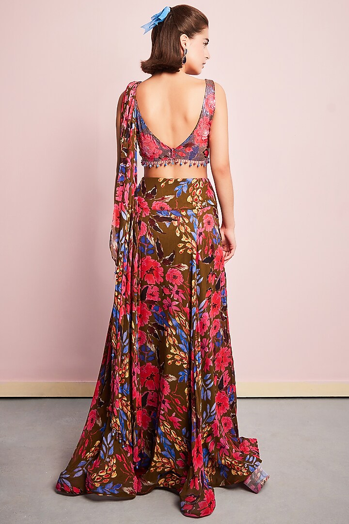 Multi-Colored Georgette Printed Draped Skirt Set by Surabhi Gandhi at Pernia's Pop Up Shop