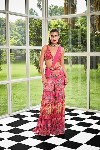 Pink Georgette Printed Sharara Set by Surabhi Gandhi