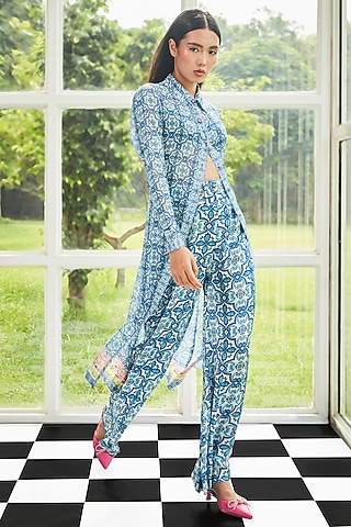 Blue & White Georgette Printed Co-Ord Set by Surabhi Gandhi