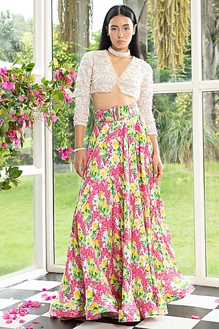 Multi-Colored Satin Georgette Printed Skirt Set by Surabhi Gandhi