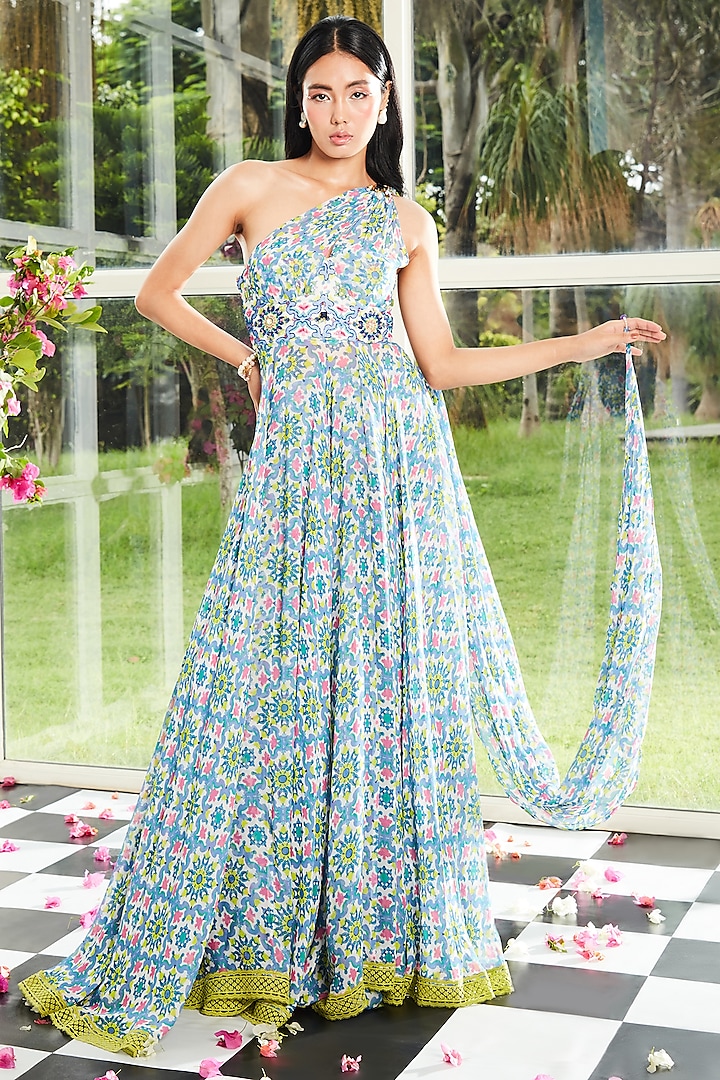 Multi-Colored Georgette Printed & Embroidered Draped Dress by Surabhi Gandhi