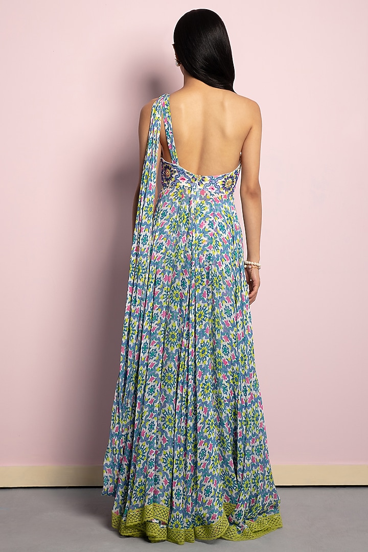 Multi-Colored Georgette Printed & Embroidered Draped Vacation Dress by Surabhi Gandhi at Pernia's Pop Up Shop