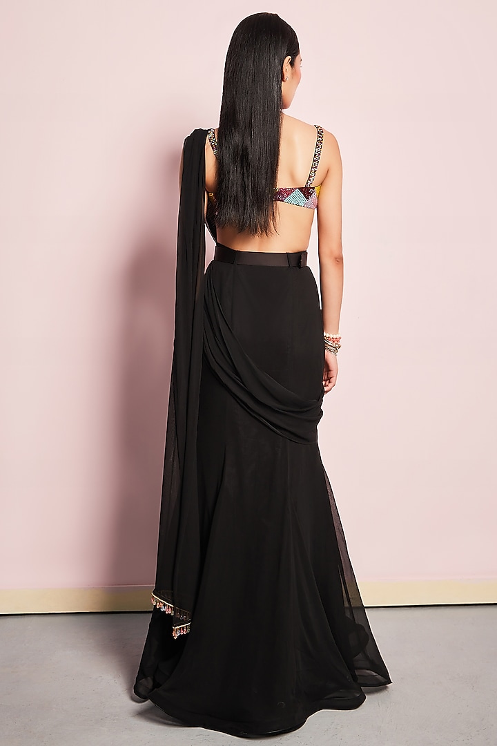 Black Georgette Draped Wedding Saree Set by Surabhi Gandhi at Pernia's Pop Up Shop