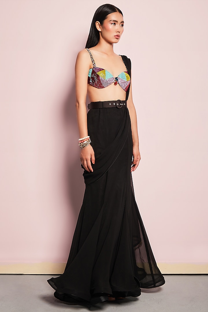 Black Georgette Draped Wedding Saree Set by Surabhi Gandhi at Pernia's Pop Up Shop