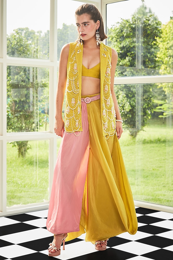 Yellow Lace Pearl Embroidered Jacket Set by Surabhi Gandhi