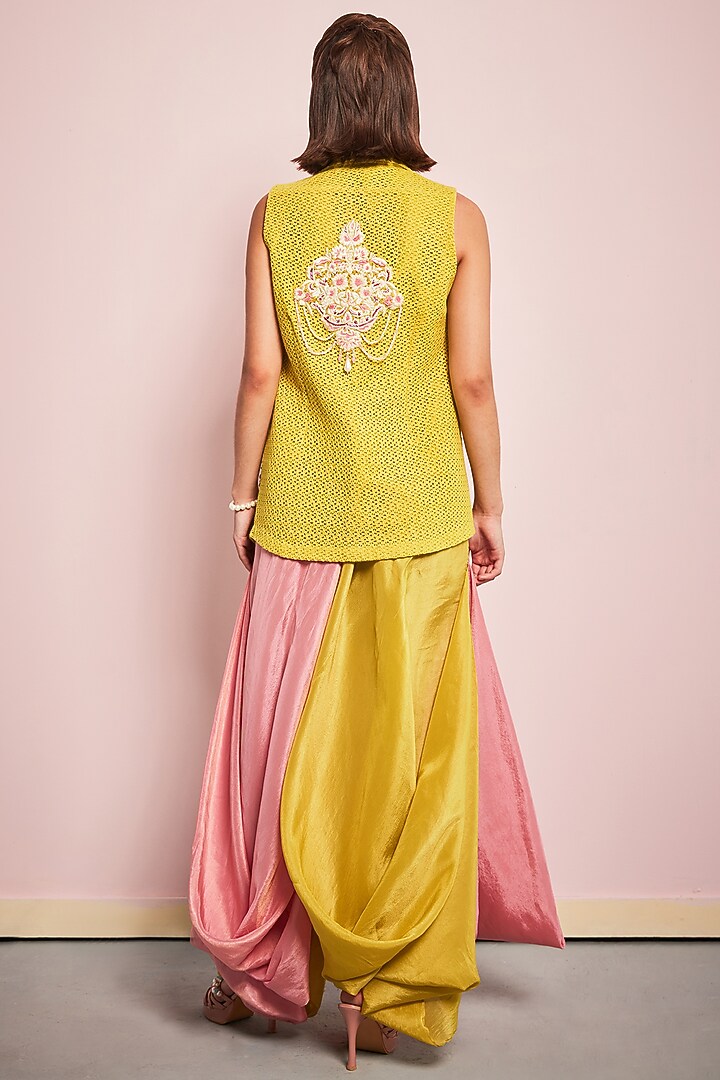 Yellow Lace Pearl Embroidered Jacket Set by Surabhi Gandhi at Pernia's Pop Up Shop