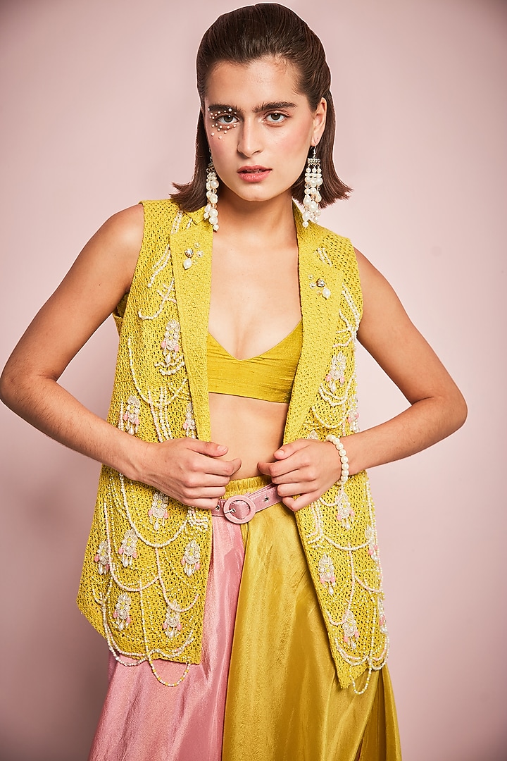 Yellow Lace Pearl Embroidered Jacket Set by Surabhi Gandhi at Pernia's Pop Up Shop