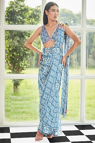 Blue & White Satin Printed Draped Saree Set by Surabhi Gandhi