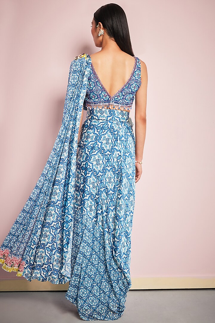 Blue & White Satin Printed Draped Party Wear Saree Set by Surabhi Gandhi at Pernia's Pop Up Shop