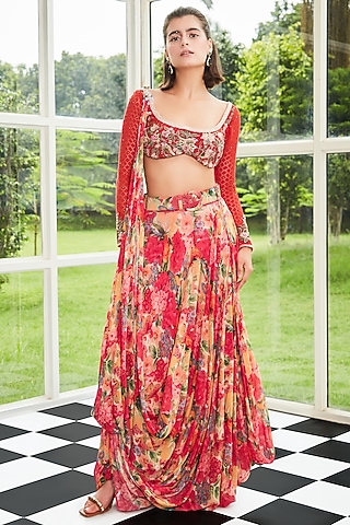 Multi-Colored Georgette Printed Draped Skirt Set by Surabhi Gandhi