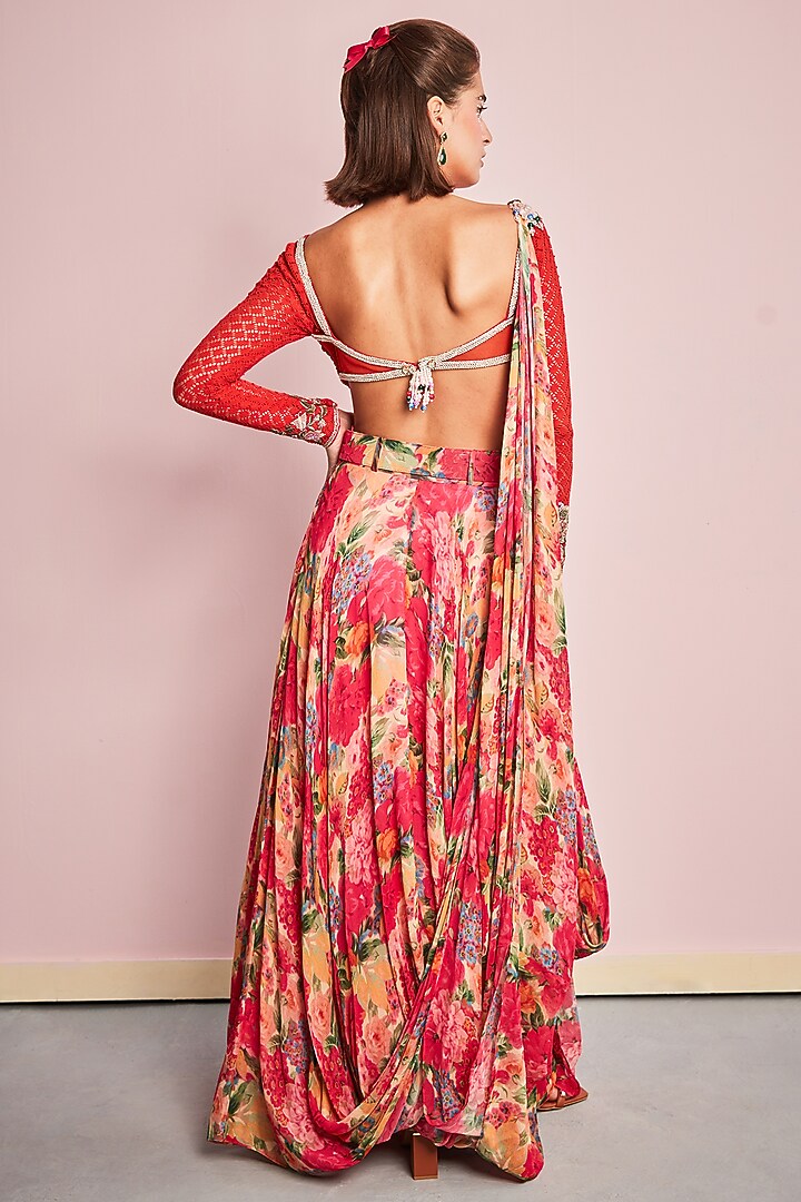 Multi-Colored Georgette Printed Draped Skirt Set by Surabhi Gandhi at Pernia's Pop Up Shop